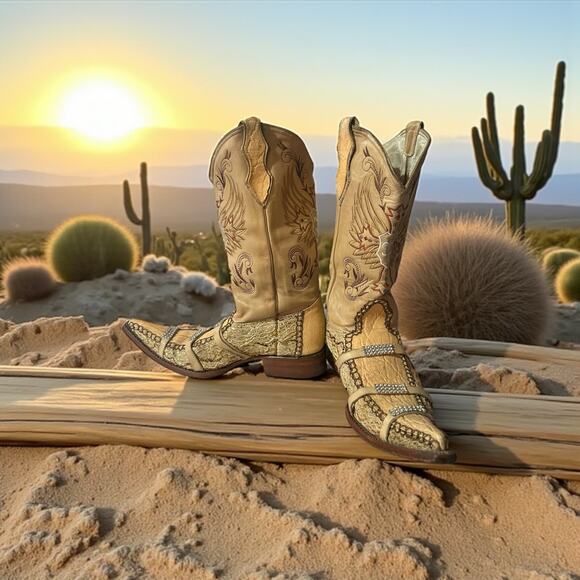 Carreta Beige Crocodile Handmade Western Cowboy Boots Men's Sz 9 Rhinestone - Picture 3 of 9